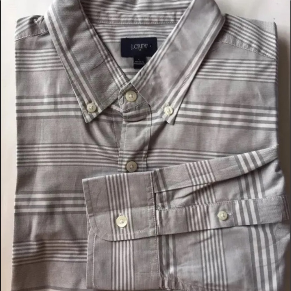 J.Crew Men Dress Shirt Long Sleeve Gray Large Stripe White Long Sleeve Cotton